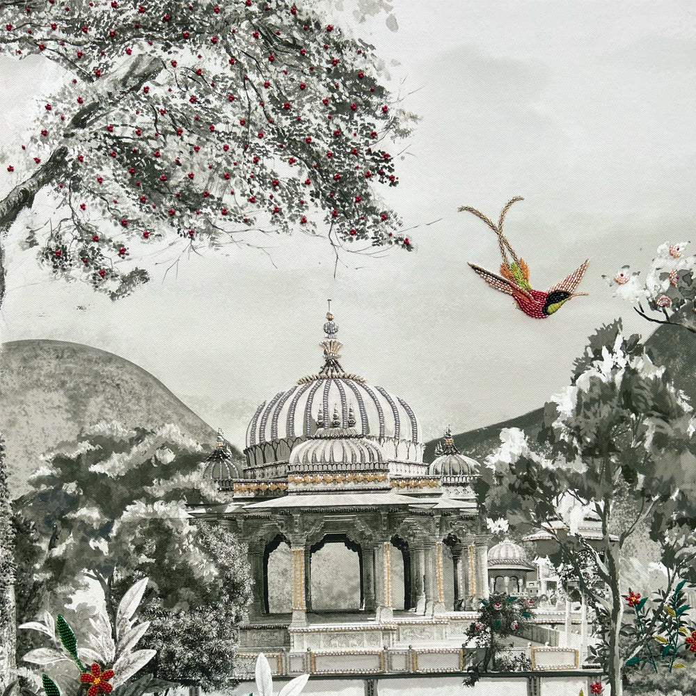 Royal Bagh with Embroidery Mixed Media Canvas Wall Artwork