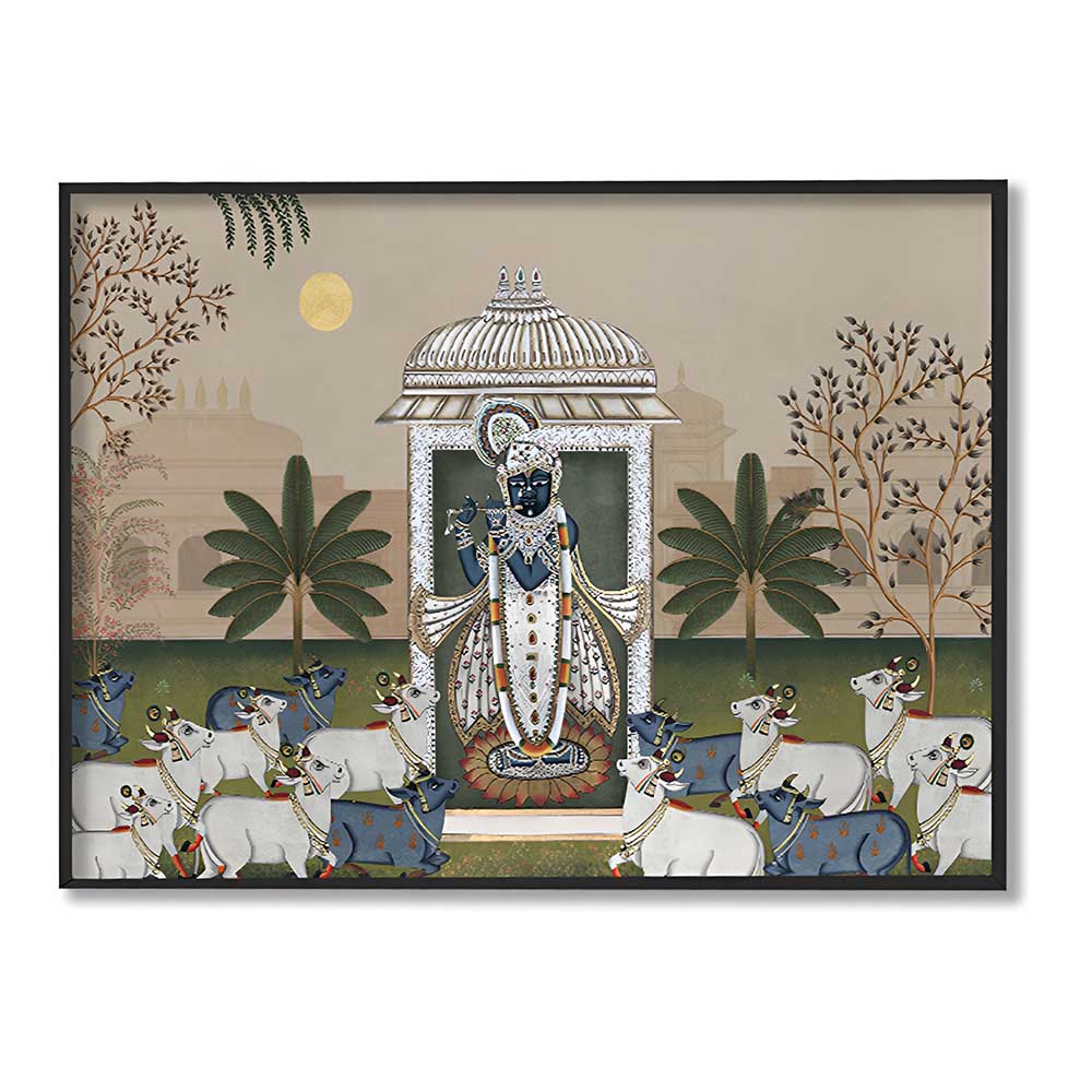 Shrinathji & Cows Landscape -Beige Traditional Artwork Canvas Print for Wall