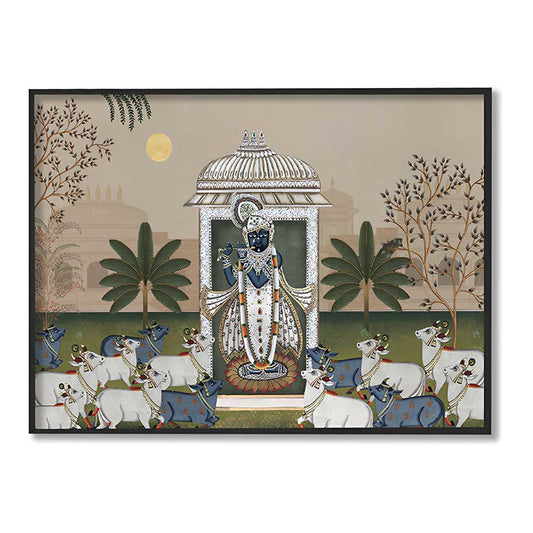 Shrinathji & Cows Landscape -Beige Traditional Artwork Canvas Print for Wall