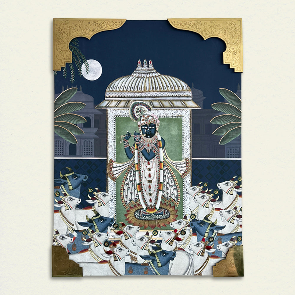 Shrinathji Pichwai with Embroidery Canvas Wall Artwork | Brass