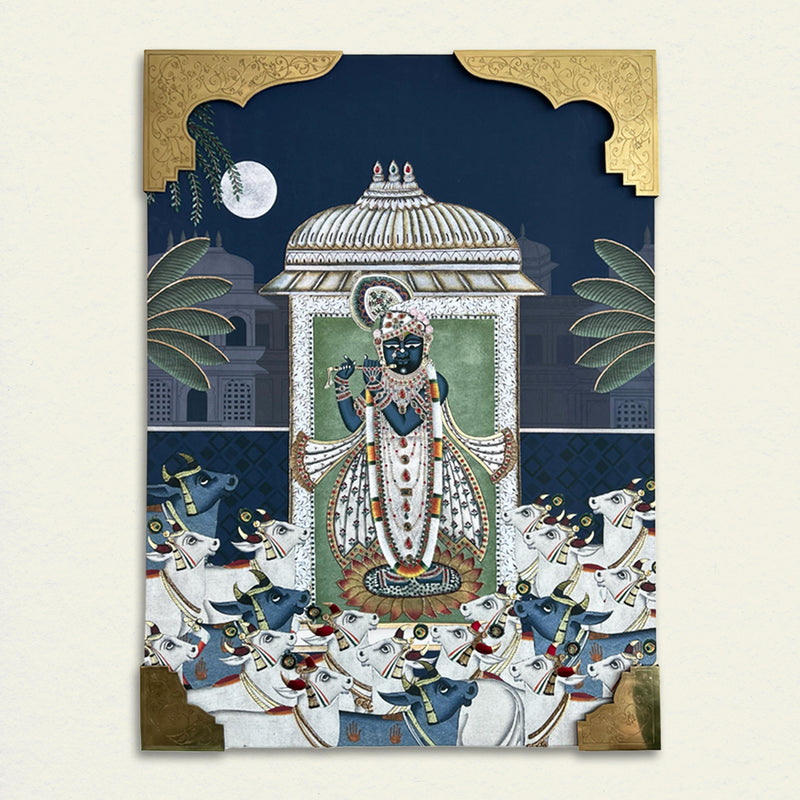 Shrinathji Pichwai with Embroidery Canvas Wall Artwork | Brass
