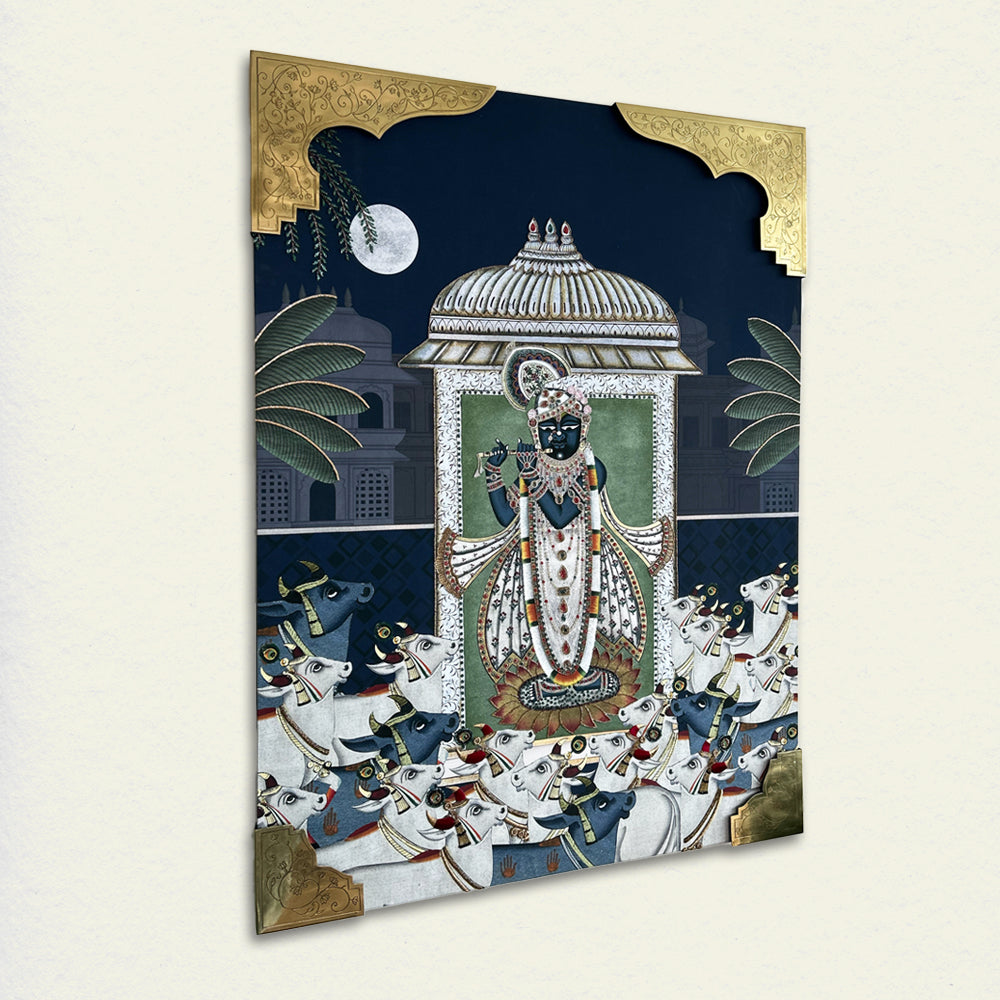 Shrinathji Pichwai with Embroidery Canvas Wall Artwork | Brass