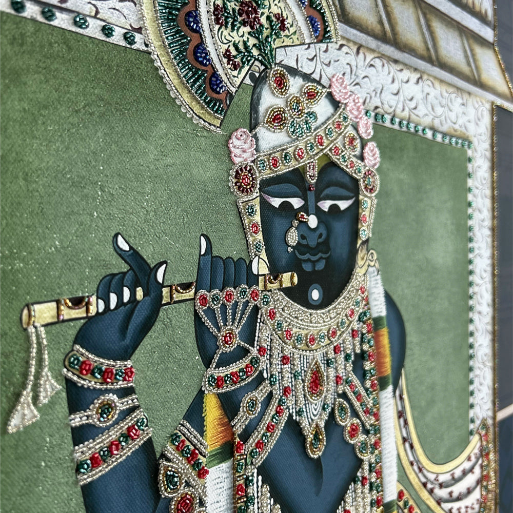 Shrinathji Pichwai with Embroidery Canvas Wall Artwork | Brass