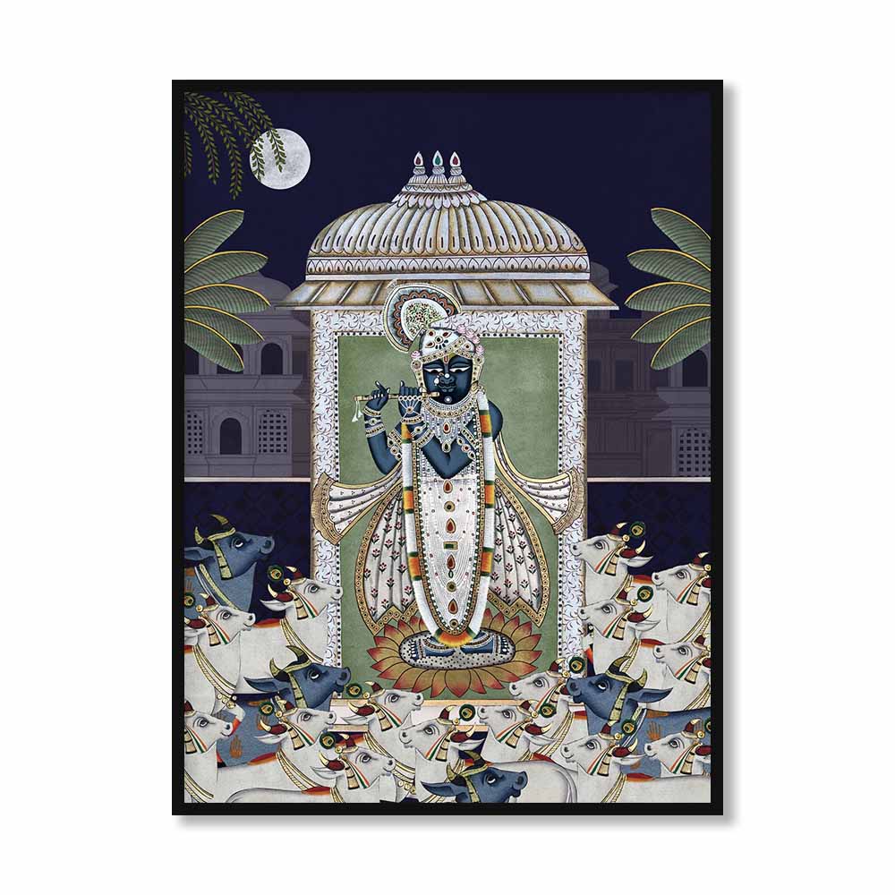 Shrinathji & Cows 1 - Blue Traditional Artwork Canvas Print for Wall