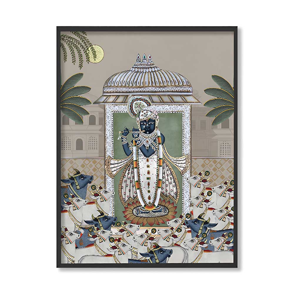 Shrinathji & Cows 2 - Beige Traditional Artwork Canvas Print for Wall
