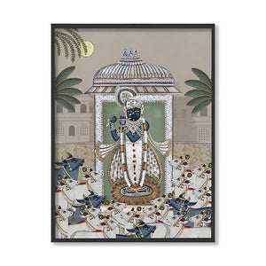 Shrinathji & Cows 2 - Beige Traditional Artwork Canvas Print for Wall