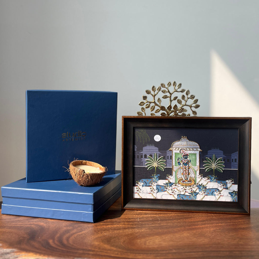 Srinathji Pichwai Midnight Blue (Landscape) Artwork with Gift Box