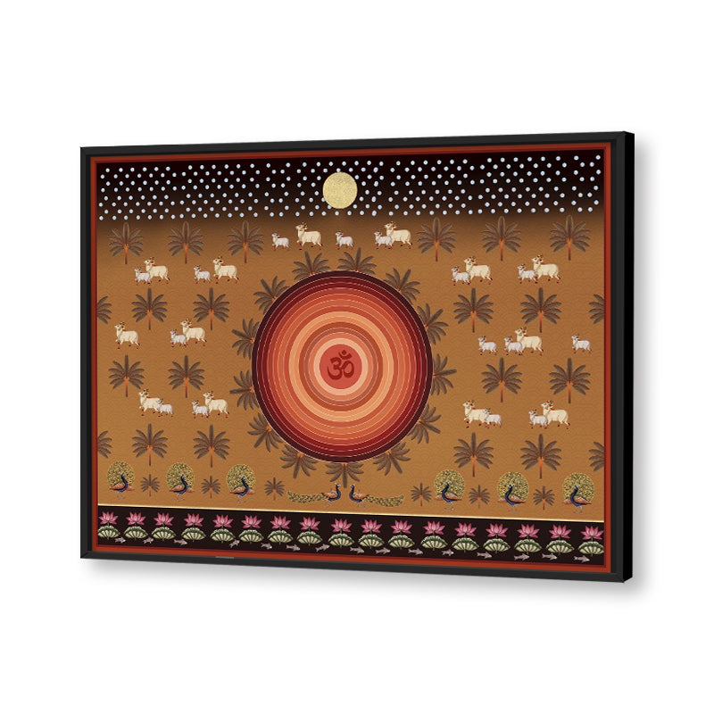 Om Contemporary Pichwai with cows Traditional Artwork Canvas Print for Wall
