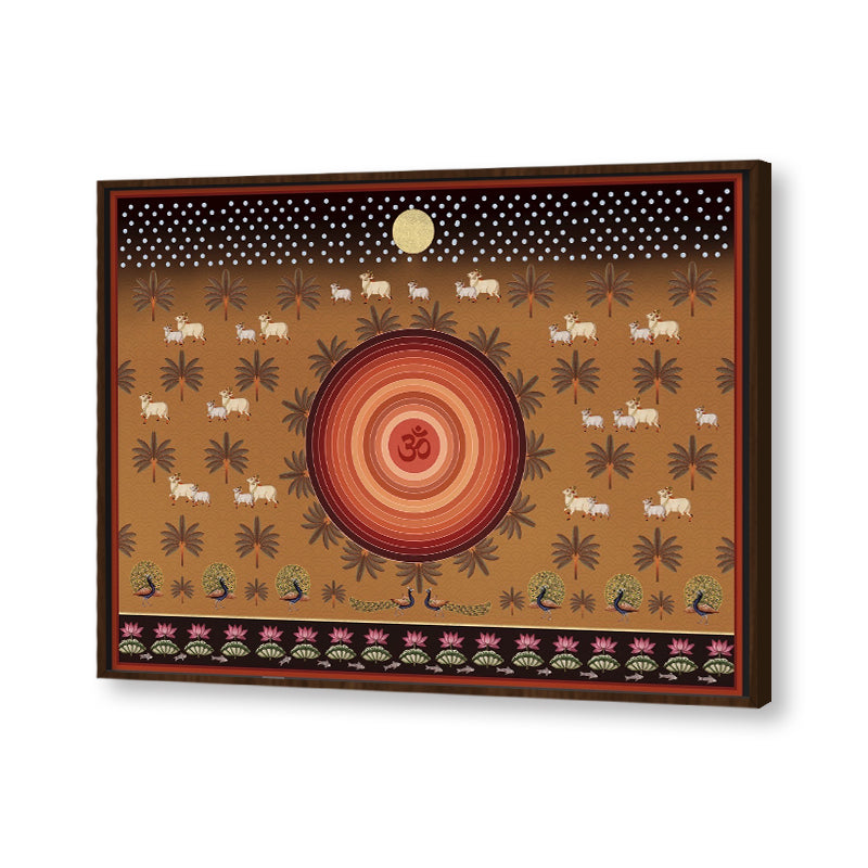 Om Contemporary Pichwai with cows Traditional Artwork Canvas Print for Wall
