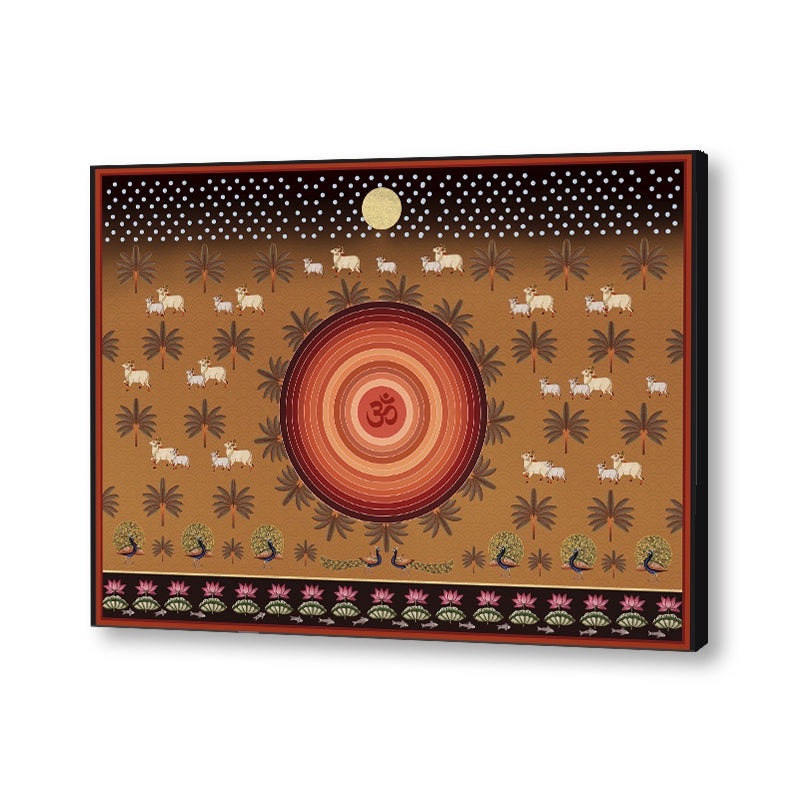 Om Contemporary Pichwai with cows Traditional Artwork Canvas Print for Wall