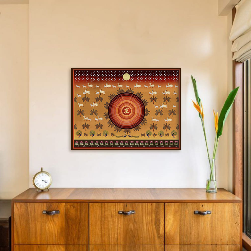 Om Contemporary Pichwai with cows Traditional Artwork Canvas Print for Wall