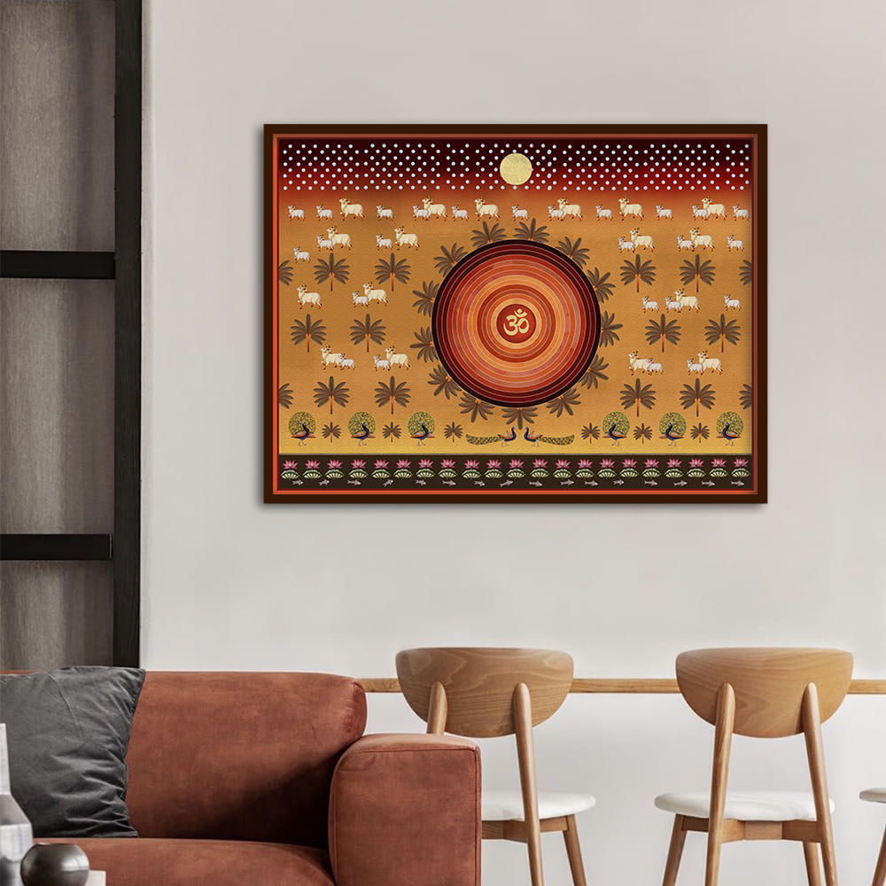 Om Contemporary Pichwai with cows Traditional Artwork Canvas Print for Wall