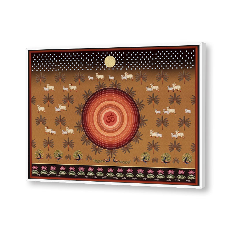 Om Contemporary Pichwai with cows Traditional Artwork Canvas Print for Wall