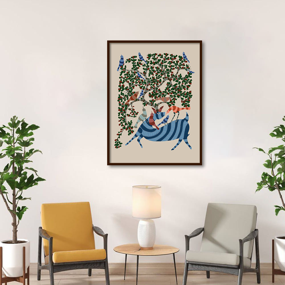 Contemporary Gond Art 3 Traditional Artwork Canvas Print for Wall shown in a room