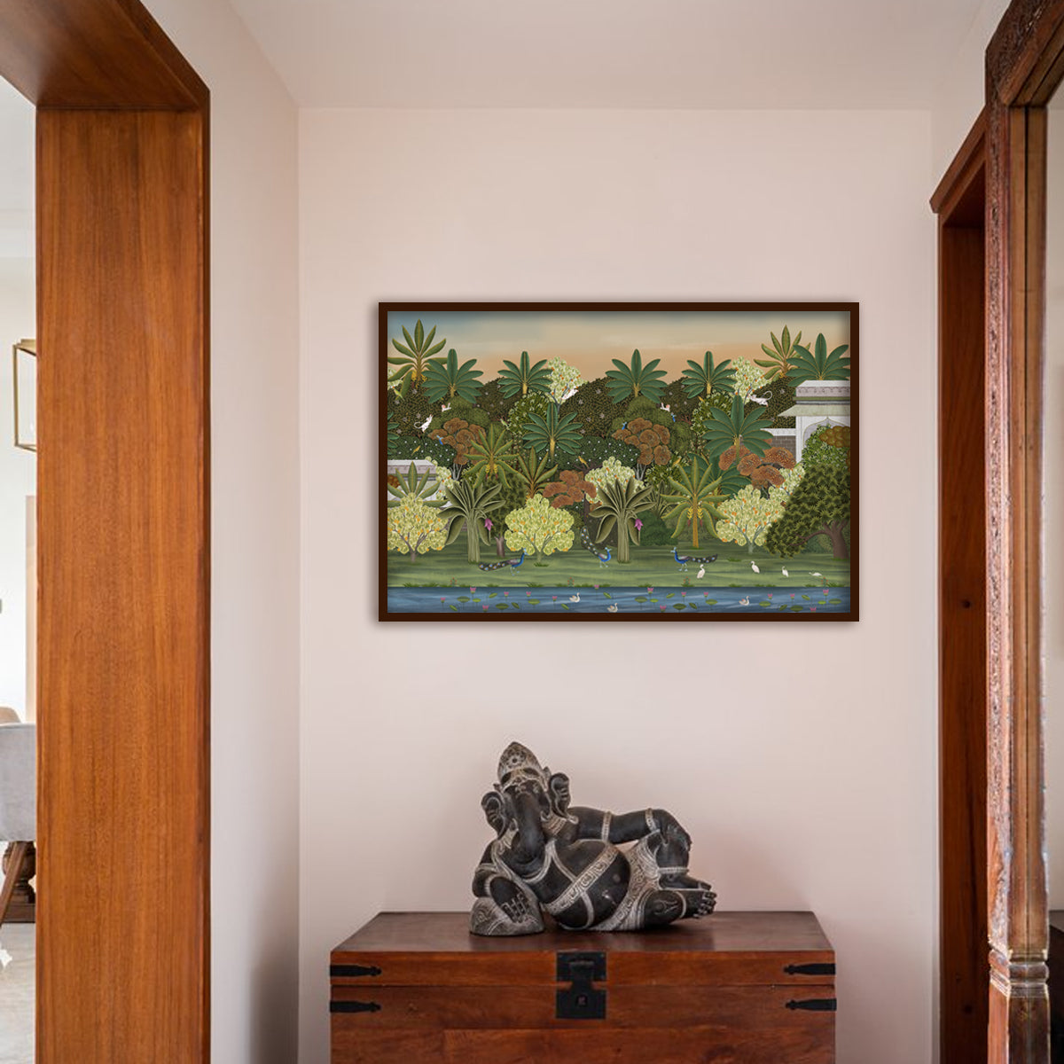 Pichwai Forest Traditional Artwork Canvas Print for Wall shown in a room