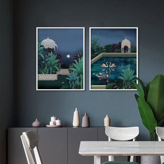 Pichwai Night Garden (Set of 2) Traditional Artwork Canvas Print for Wall