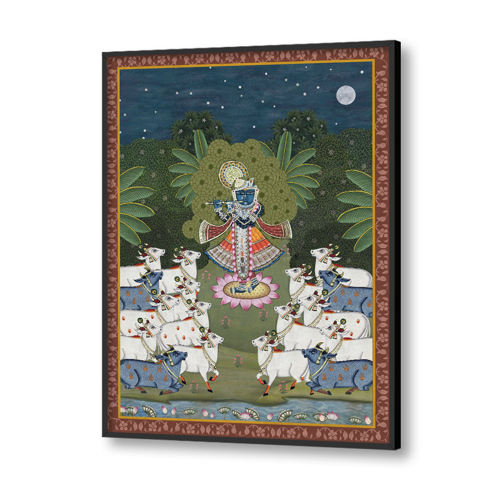 Traditional Pichwai Srinathji with Cows Traditional Artwork Canvas Print for Wall