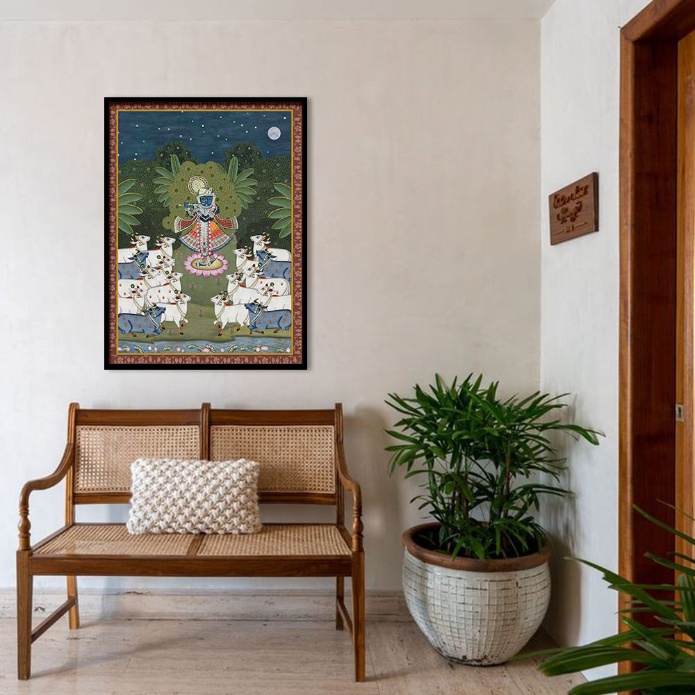 Traditional Pichwai Srinathji with Cows Traditional Artwork Canvas Print for Wall shown in a room