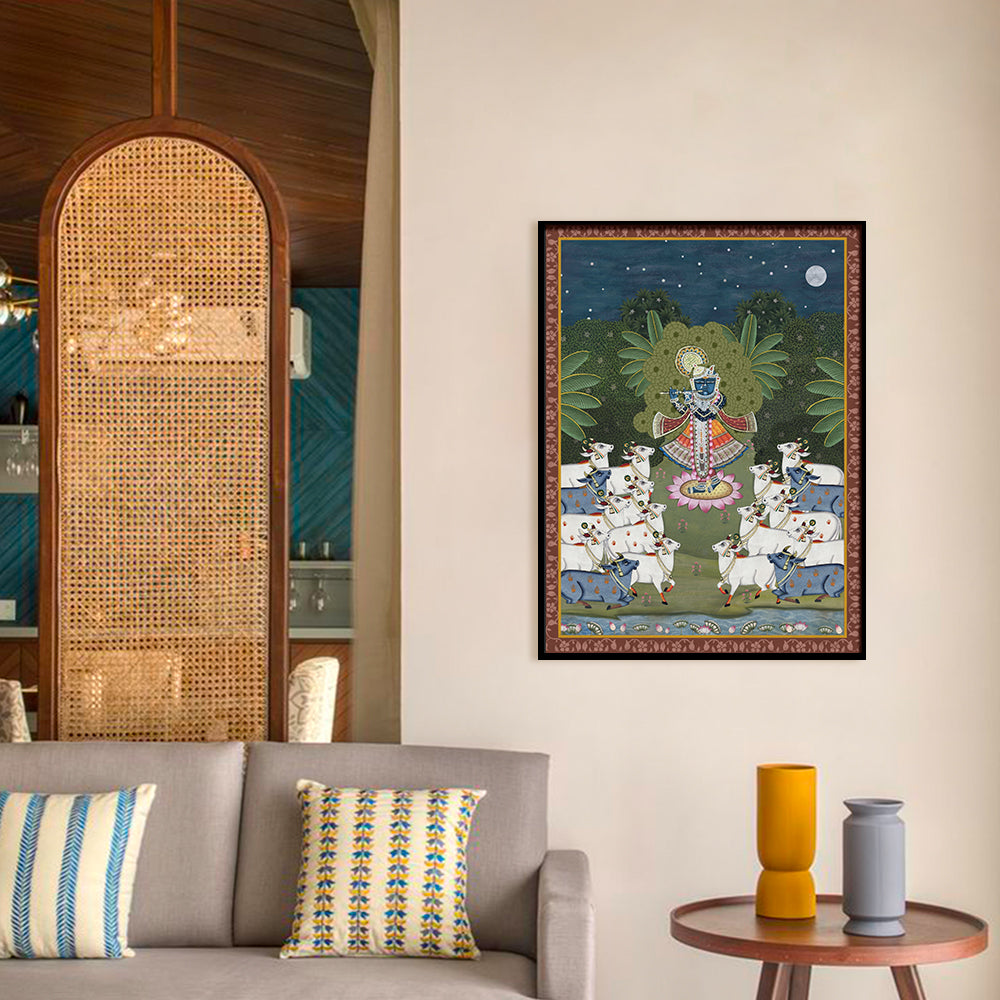 Traditional Pichwai Srinathji with Cows Traditional Artwork Canvas Print for Wall