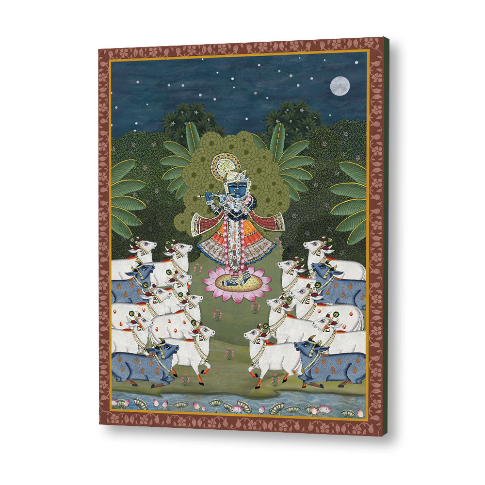 Traditional Pichwai Srinathji with Cows Traditional Artwork Canvas Print for Wall