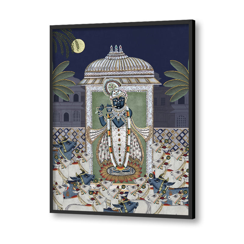 Shrinathji & Cows 1 - Blue Traditional Artwork Canvas Print for Wall