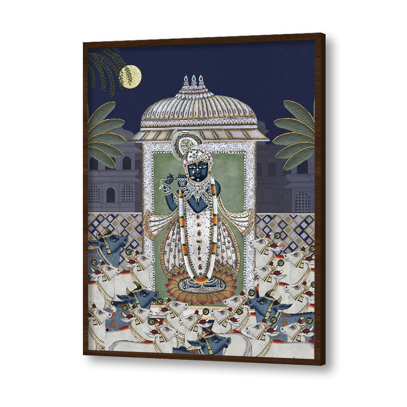 Shrinathji & Cows 1 - Blue Traditional Artwork Canvas Print for Wall