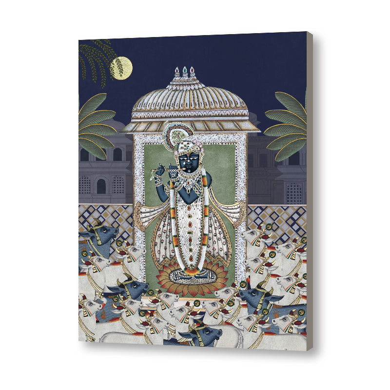 Shrinathji & Cows 1 - Blue Traditional Artwork Canvas Print for Wall