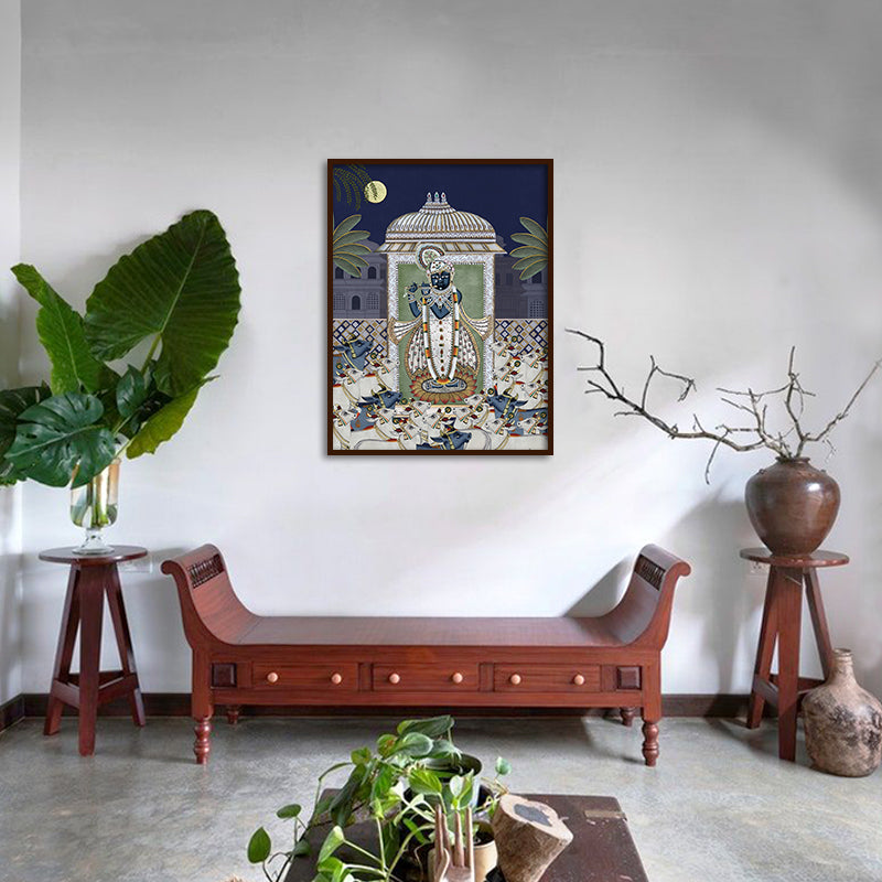 Shrinathji & Cows 1 - Blue Traditional Artwork Canvas Print for Wall