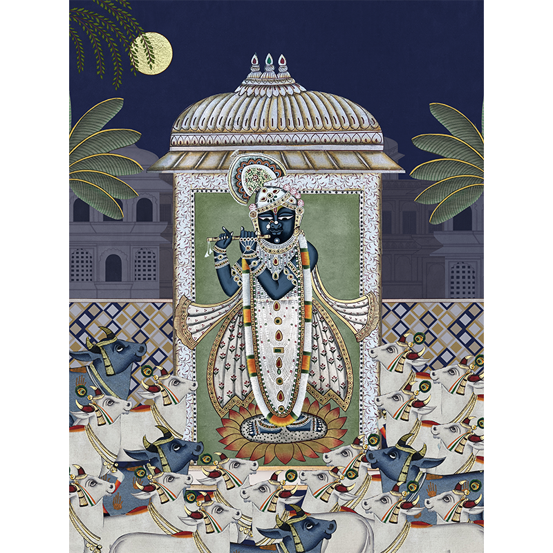 Shrinathji & Cows 1 - Blue Traditional Artwork Canvas Print for Wall