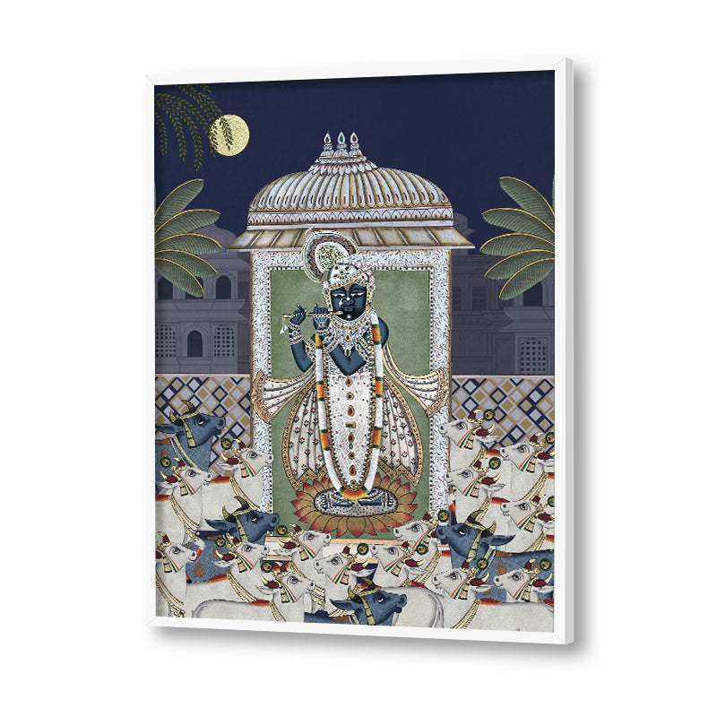Shrinathji & Cows 1 - Blue Traditional Artwork Canvas Print for Wall