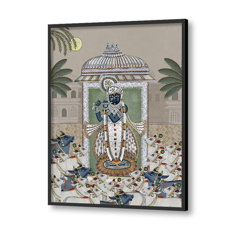 Shrinathji & Cows 2 - Beige Traditional Artwork Canvas Print for Wall