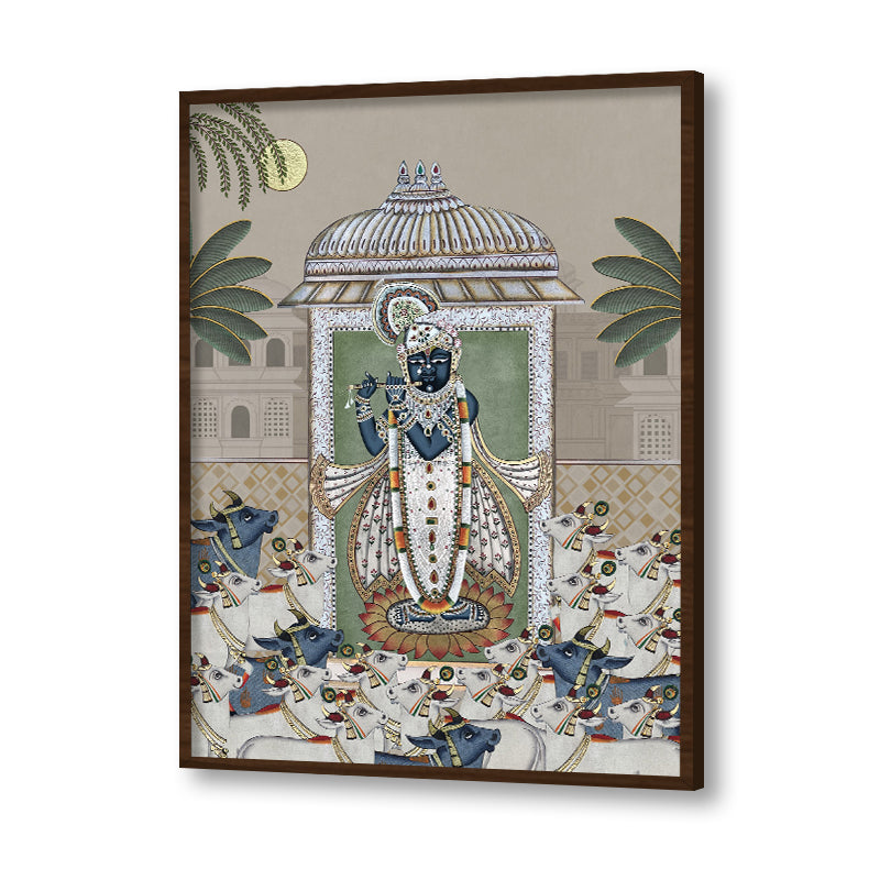 Shrinathji & Cows 2 - Beige Traditional Artwork Canvas Print for Wall