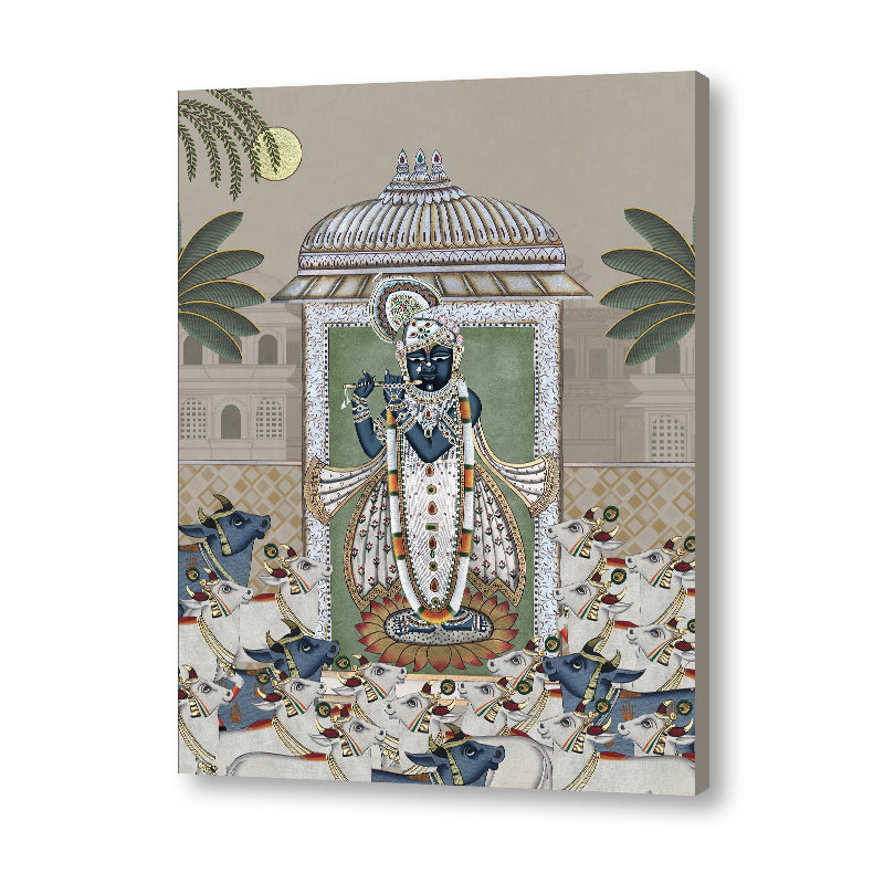 Shrinathji & Cows 2 - Beige Traditional Artwork Canvas Print for Wall