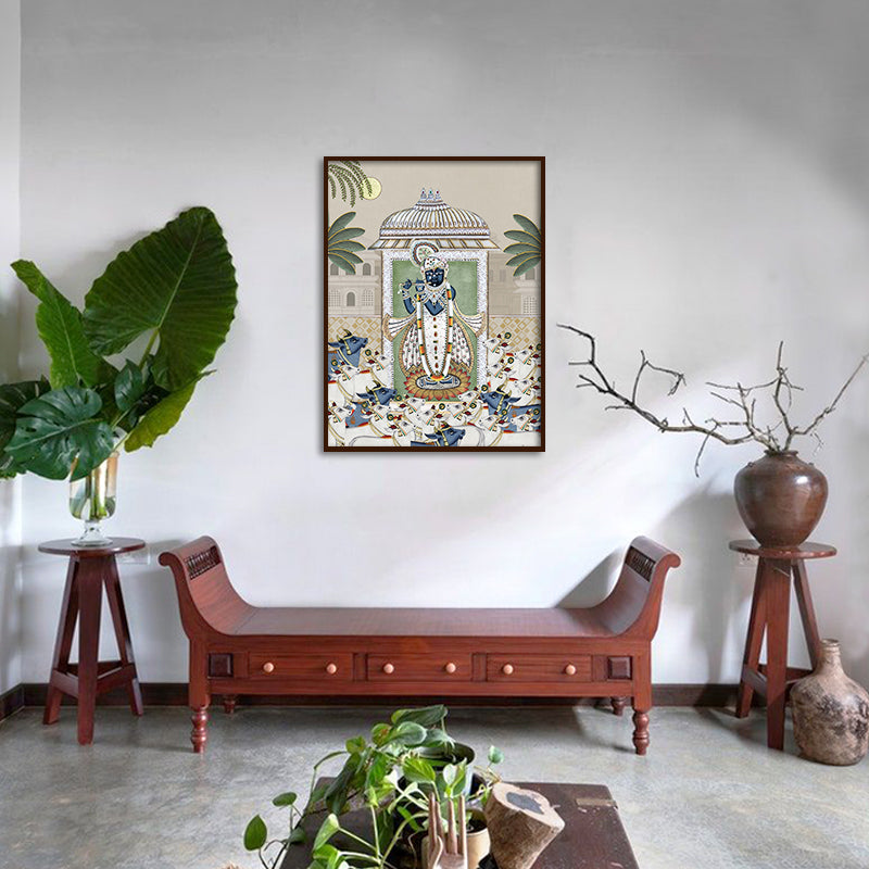 Shrinathji & Cows 2 - Beige Traditional Artwork Canvas Print for Wall