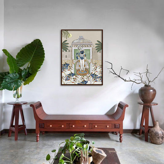 Shrinathji & Cows 2 - Beige Traditional Artwork Canvas Print for Wall