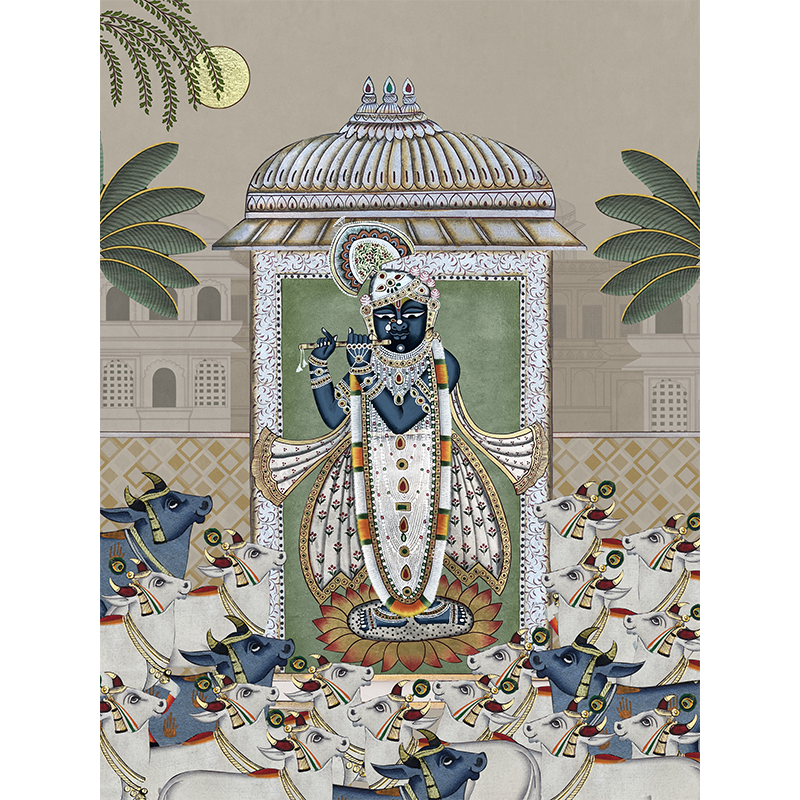 Shrinathji & Cows 2 - Beige Traditional Artwork Canvas Print for Wall