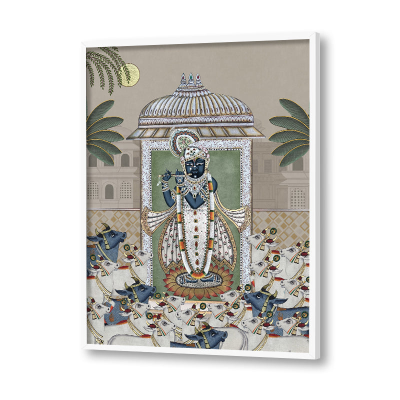 Shrinathji & Cows 2 - Beige Traditional Artwork Canvas Print for Wall