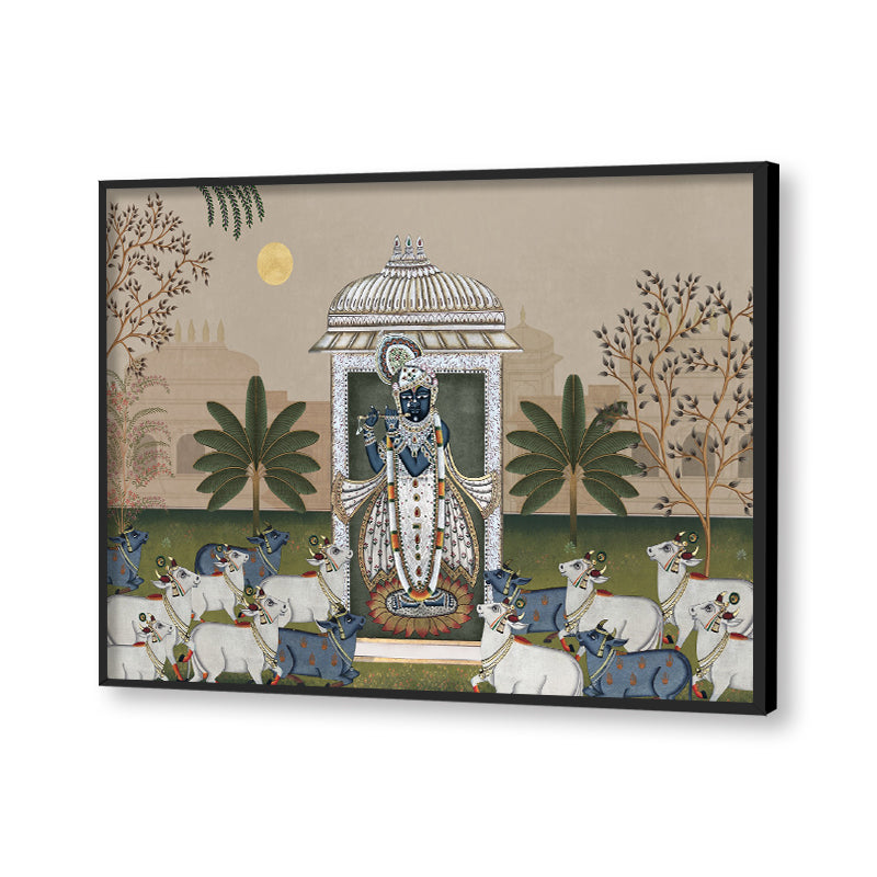Shrinathji & Cows Landscape -Beige Traditional Artwork Canvas Print for Wall