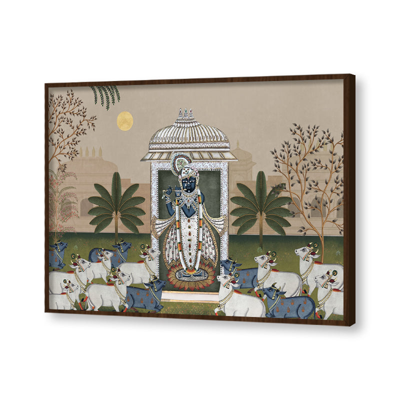 Shrinathji & Cows Landscape -Beige Traditional Artwork Canvas Print for Wall