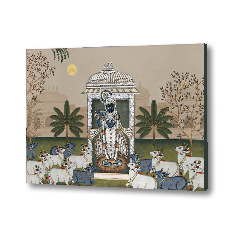 Shrinathji & Cows Landscape -Beige Traditional Artwork Canvas Print for Wall