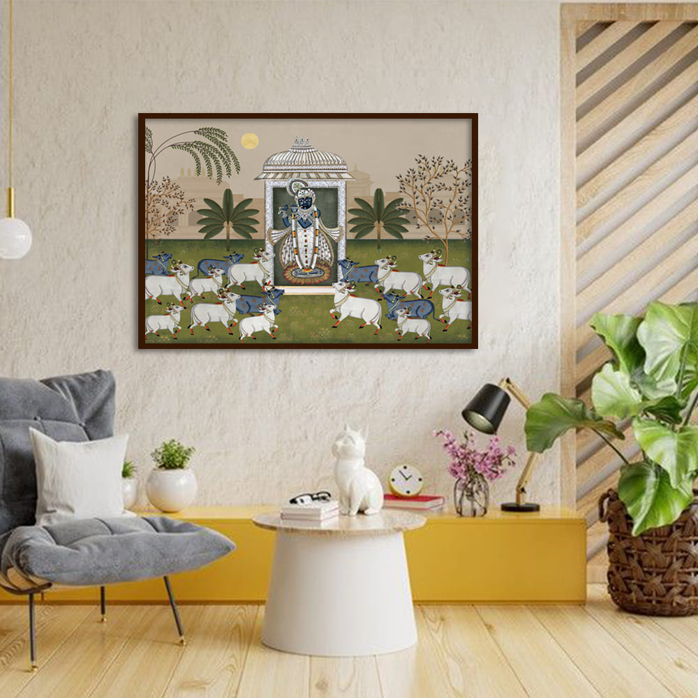 Shrinathji & Cows Landscape -Beige Traditional Artwork Canvas Print for Wall shown in a room