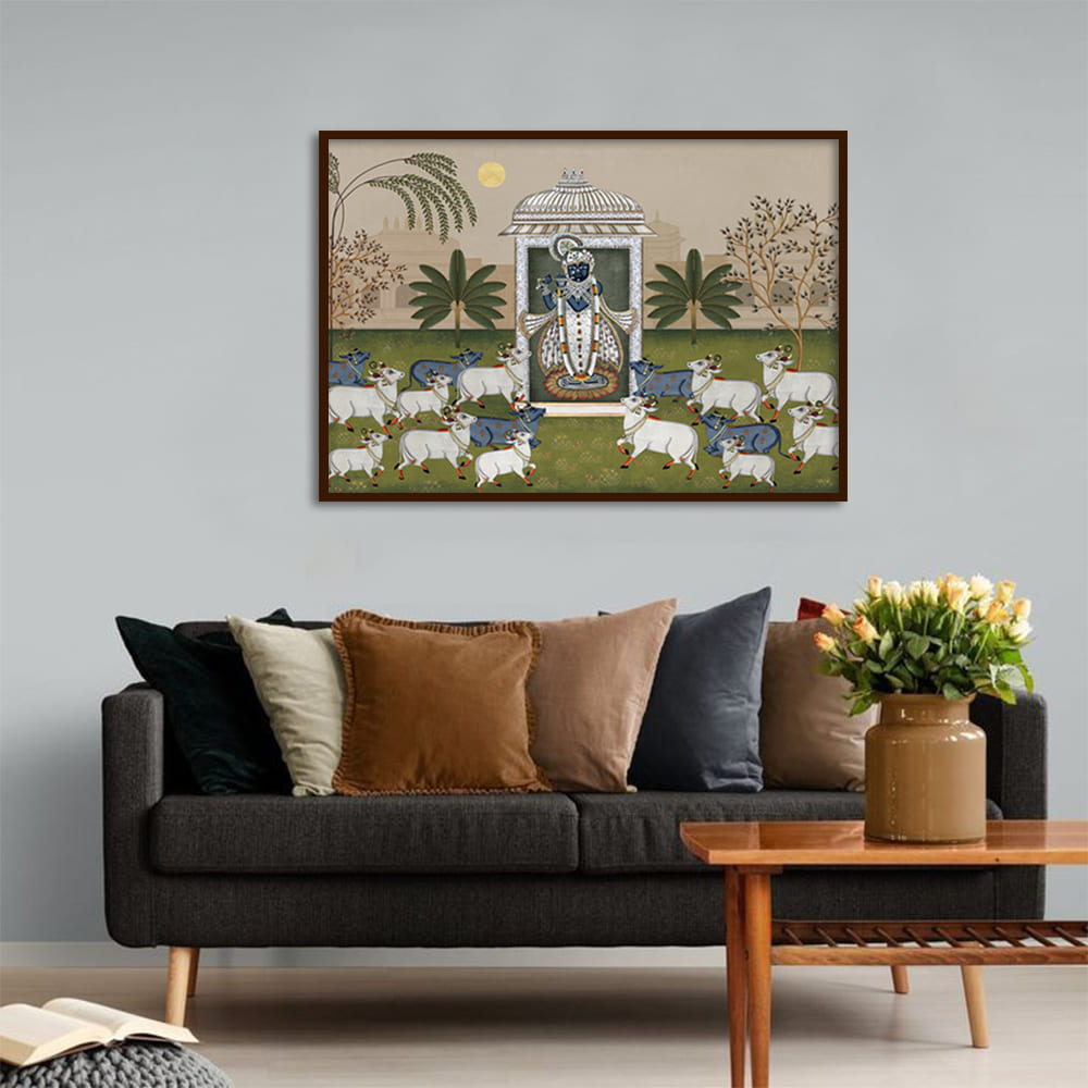Shrinathji & Cows Landscape -Beige Traditional Artwork Canvas Print for Wall