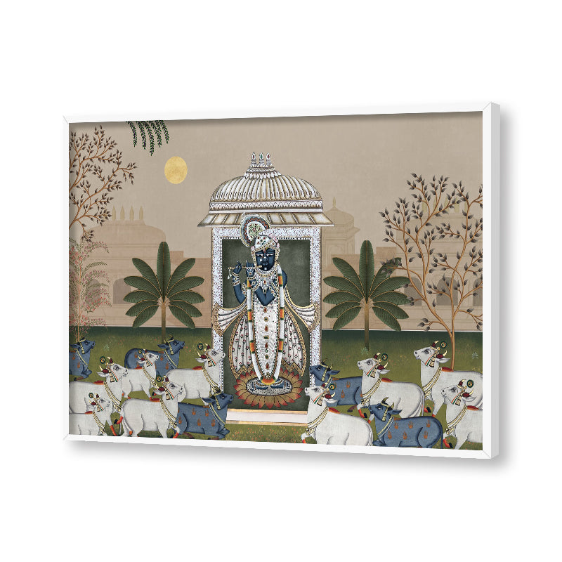 Shrinathji & Cows Landscape -Beige Traditional Artwork Canvas Print for Wall