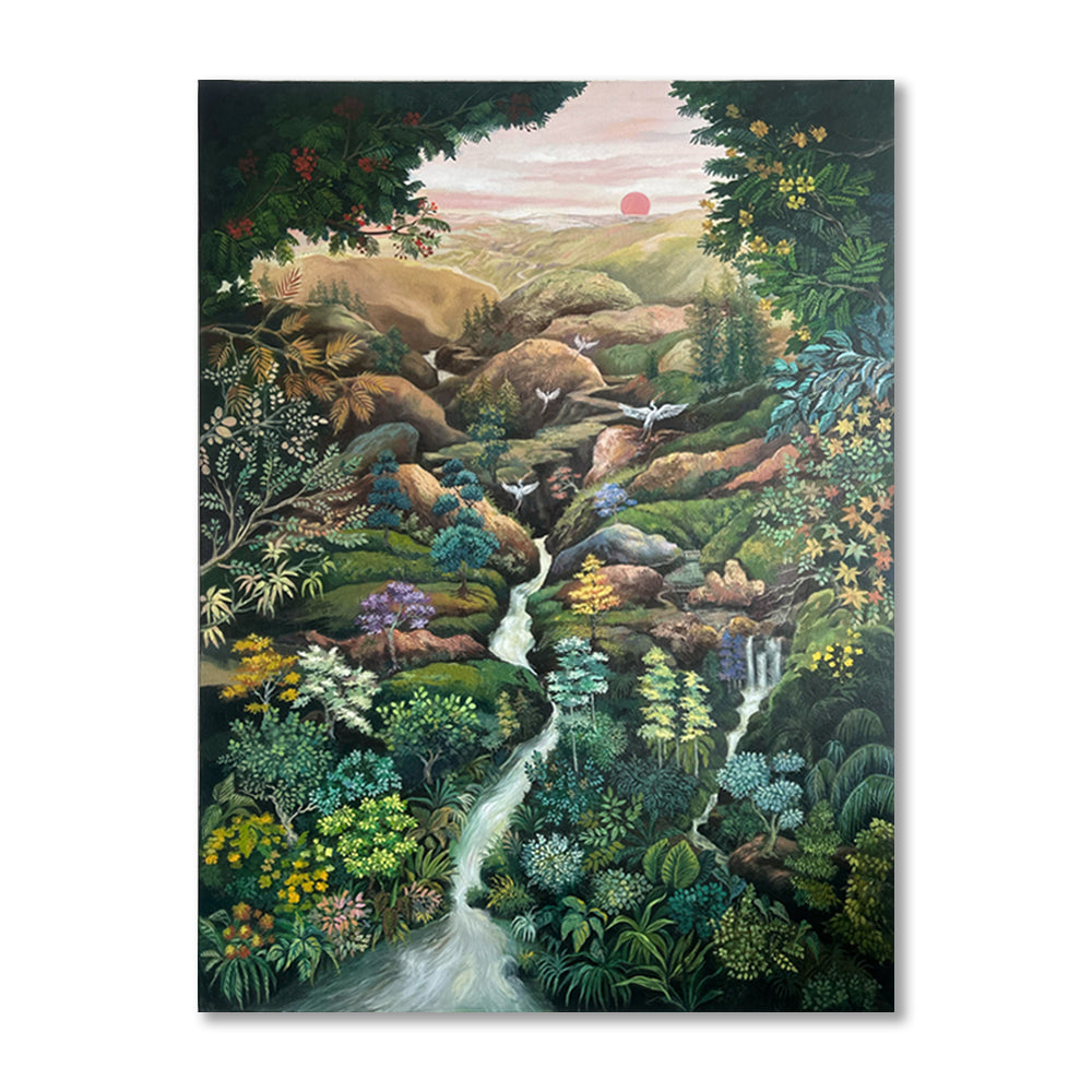 Vaastu Waterfall with Sunrise and Nature Wall Painting Canvas