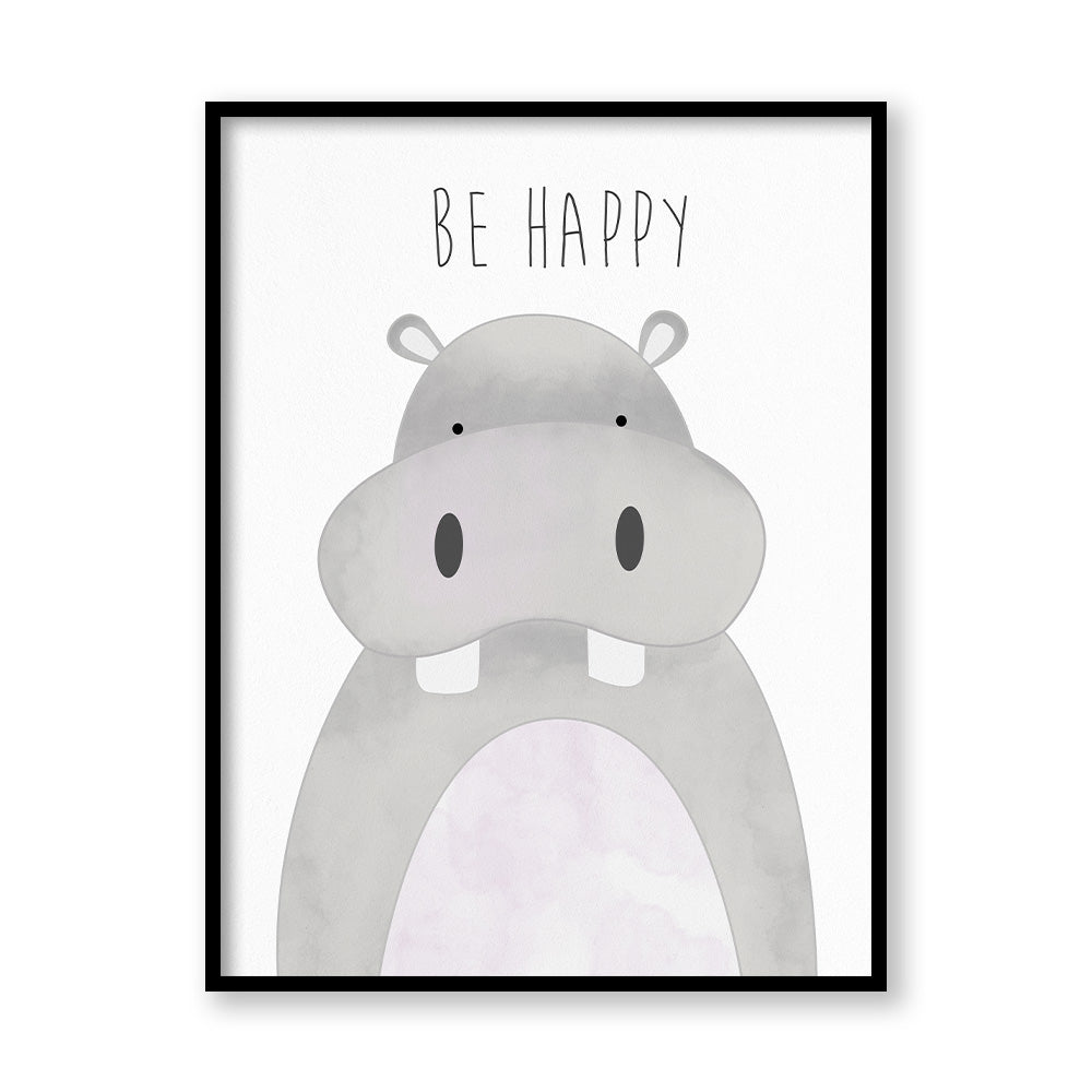 Watercolour Hippo Wall Art Canvas Print for Kids Room