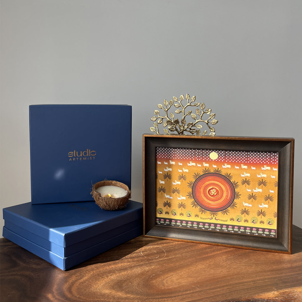 Om Contemporary Pichwai with Cow Artwork with Gift Box