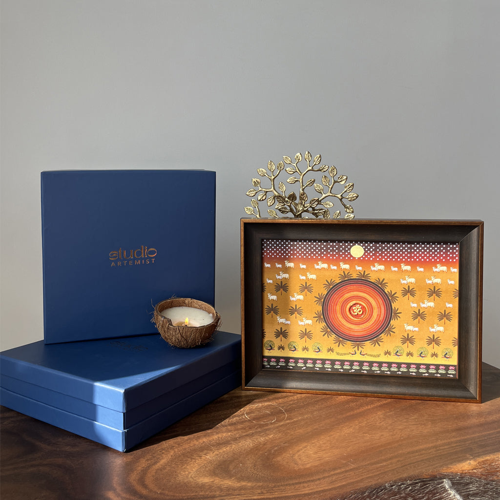 Om Contemporary Pichwai with Cow Artwork with Gift Box