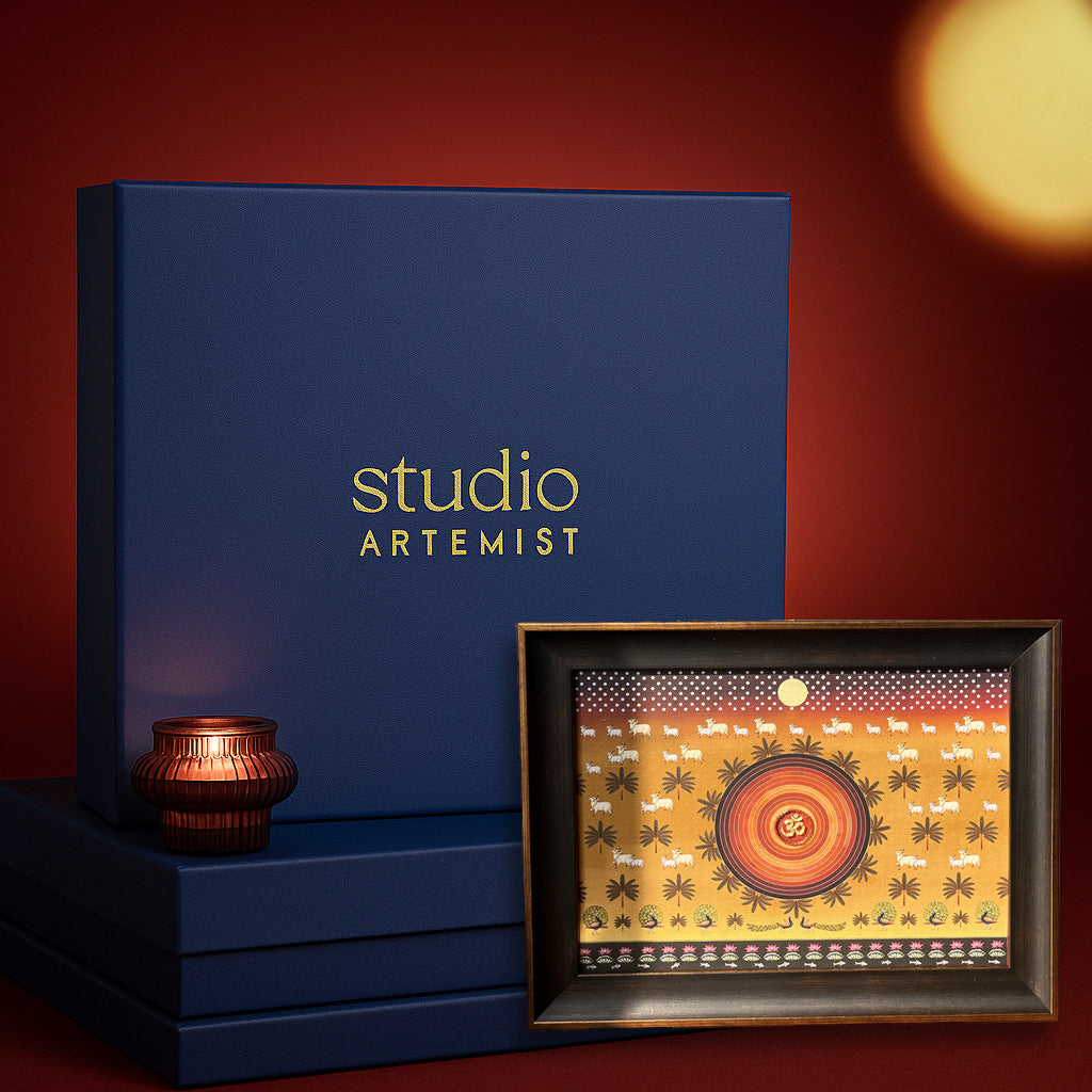 Om Contemporary Pichwai with Cow Artwork with Gift Box