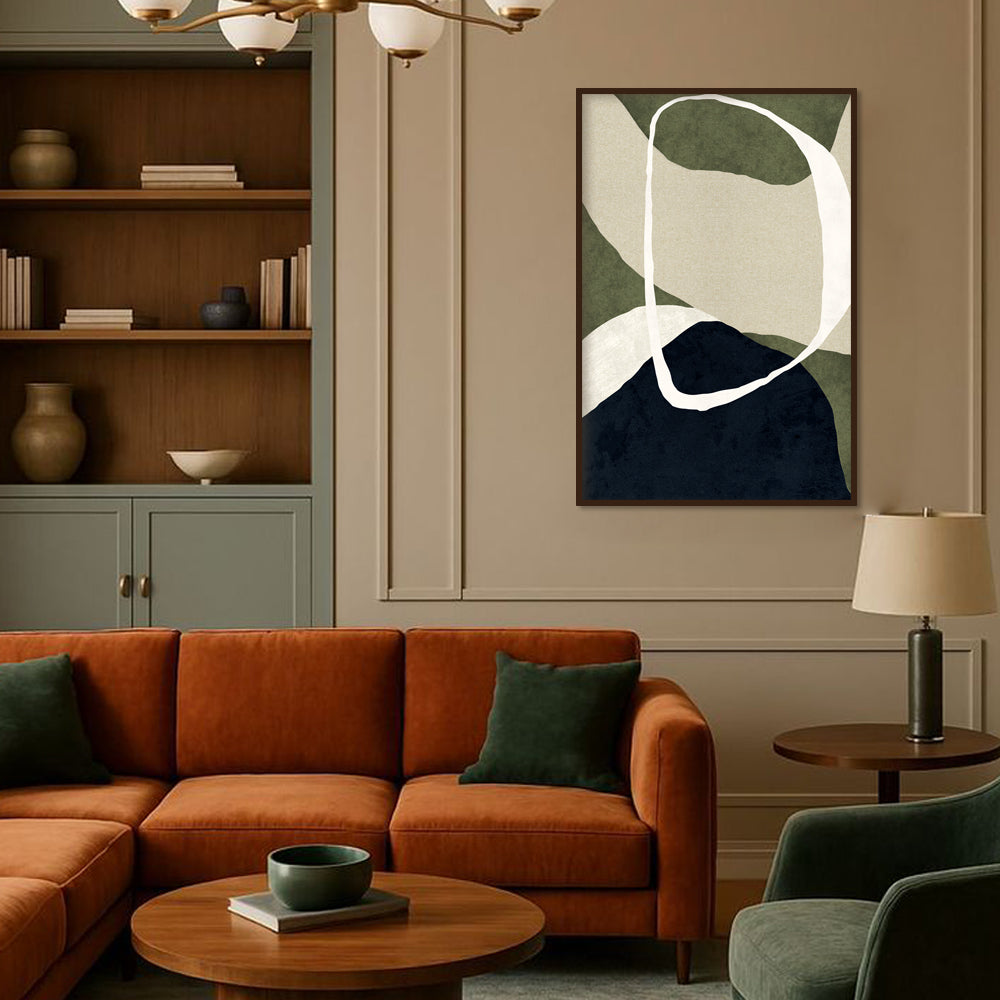 Olive Harmony Abstract Canvas Wall Artprint shown in a room