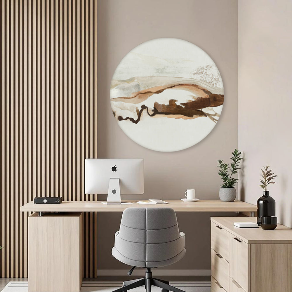 Earthbound Horizons Round Abstract Canvas Wall Art Print shown in a room